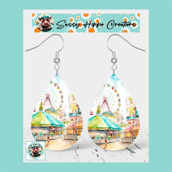 Earrings Boardwalk Ferris Wheel Carnival Games Printed on MDF with Hook Backs - Picture 1 of 5